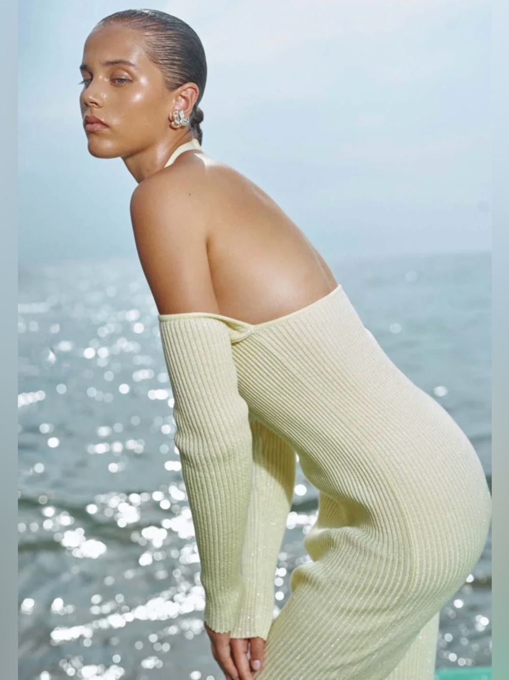 NWT [Baobab] Collection Kai Dress Twist Halter Ribbed Midi Viche Yellow Womens S - Picture 4 of 14